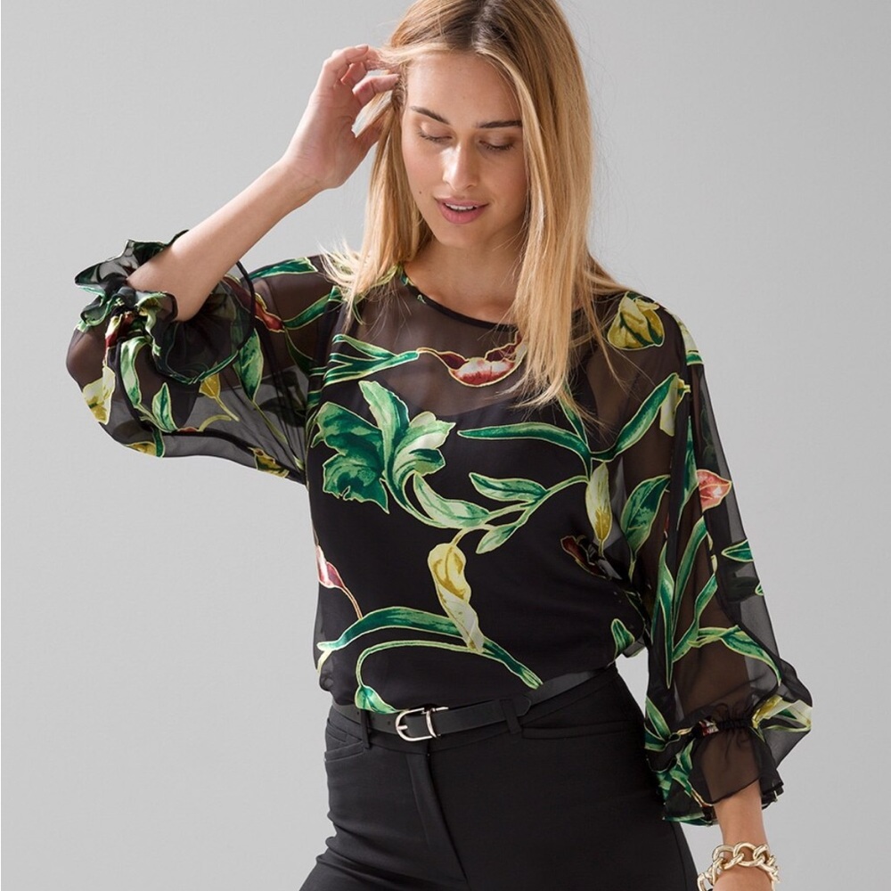 White House Black Market Long Sleeve Leaf Print Silk Burnout Blouse